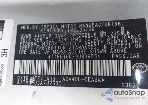 2009 Toyota Camry Xle z USA, uszkodzony, nr VIN 4T1BE46K79U838554